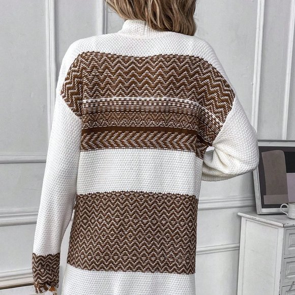 Multicolor Casual Womens Chevron Drop Shoulder Pocket Patched Duster Cardigan - Picture 3 of 5